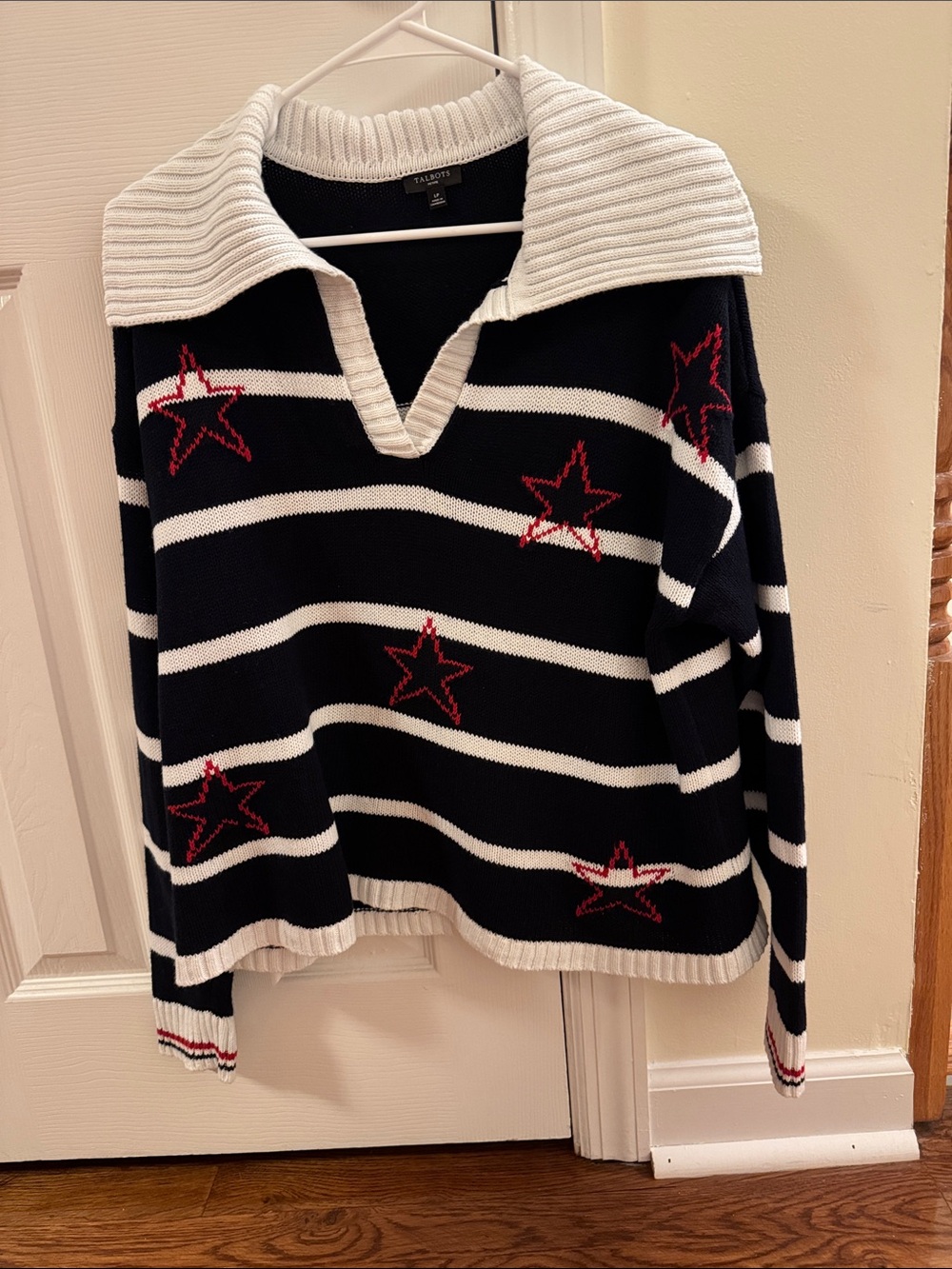 Talbots Navy & White V‑Neck Stripe Sweater with Red Star Accents Size LP